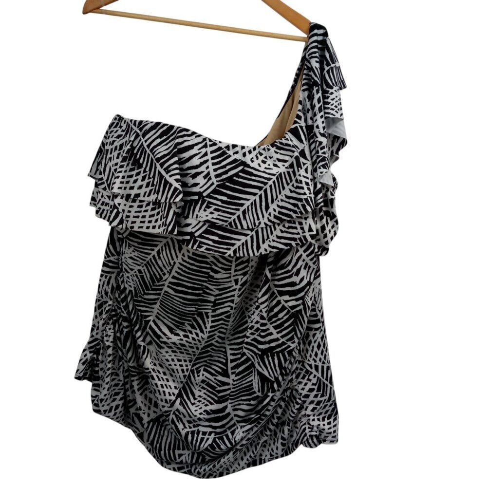 Cacique Swim One Shoulder Ruffle Tankini Top Swimsuit Size 34 Shelf Bra Layered